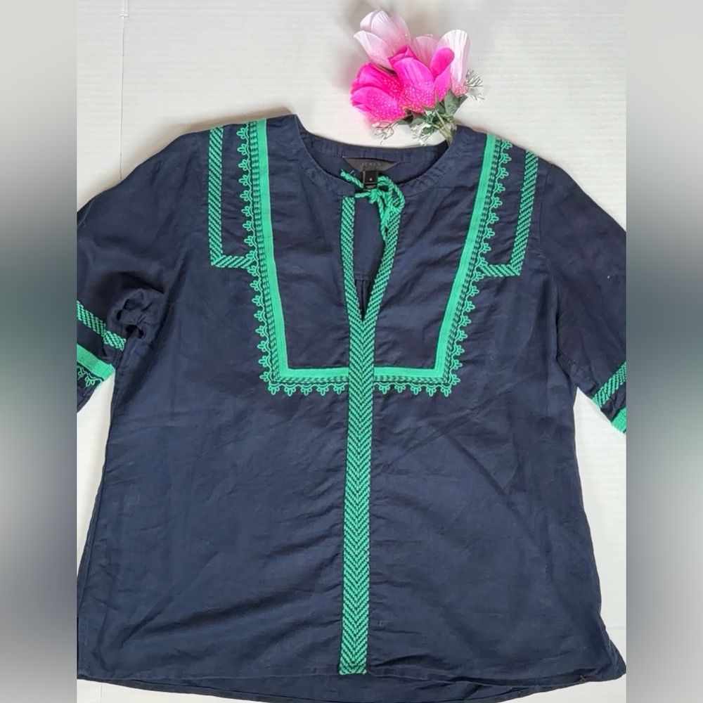J. Crew Navy Blue Peasant Blouse with Green Embroidery - Picture 10 of 12
